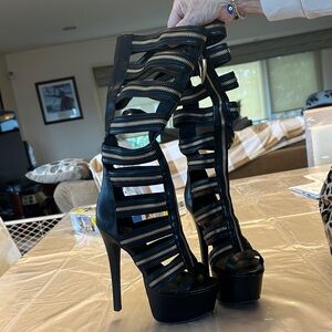 bebe Black Zipper Strappy Heels